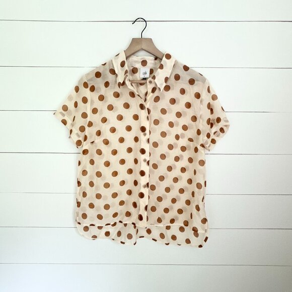 Cabi cream with large brown polka dots sheer button down blouse - Picture 1 of 5